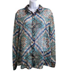 Chico’s Women's Teal Floral Sheer Blouse Size 2/Large Boho Chic Festival Shirt